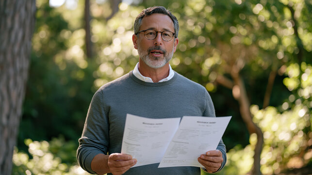 A longevity consultant stands in a sunlit forest clearing holding two printed health assessment charts showing a before and after biological age comparison, surrounding trees