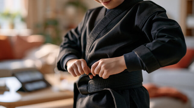 Close up of small determined hands tying a martial arts belt around a training uniform in a modest living room, a screen reader accessibility app narrating instructions aloud from