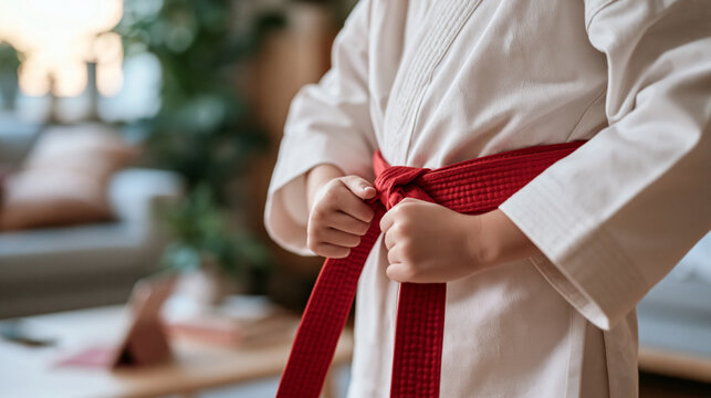 Close up of small determined hands tying a martial arts belt around a training uniform in a modest living room, a screen reader accessibility app narrating instructions aloud from