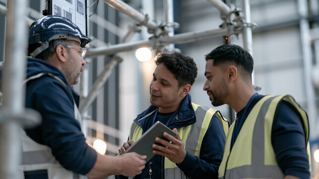A set construction crew in safety vests assembles a large theatrical backdrop inside a busy urban warehouse studio, a diverse team following microlearning mobile bite sized