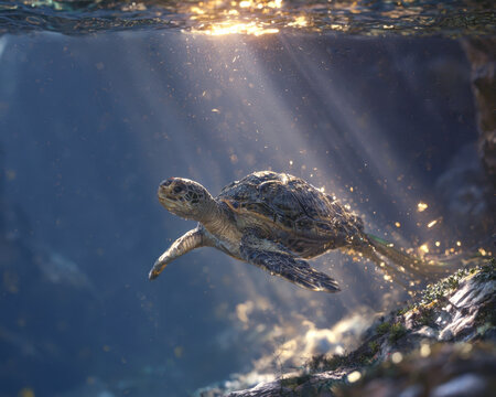 Sea Turtle Swimming Underwater in Crystal Clear Blue Ocean Water with Golden Sun Rays Shining Through Surface Light Particles Creating Magic Aquatic Wildlife Environment in Deep Sea Reef Setting