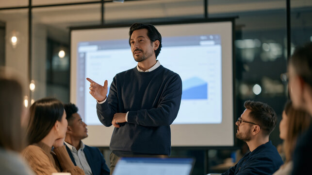 A screen reader accessibility consultant gestures toward a projected influencer analytics dashboard inside a glass walled agency office, surrounded by a diverse team of marketing