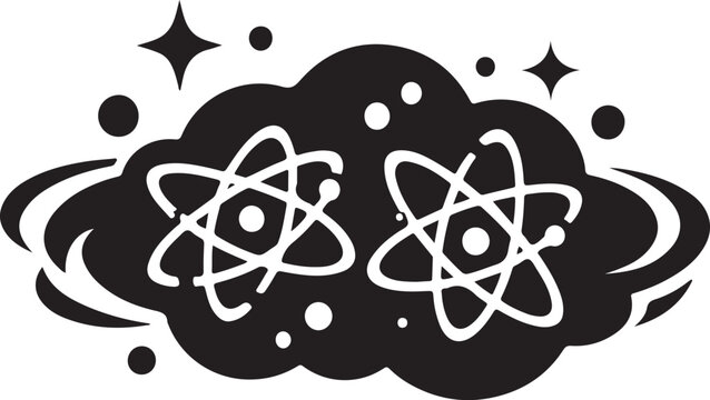 Abstract atomic structures inside cloud with sparkling stars, quantum physics and chemistry concept vector.