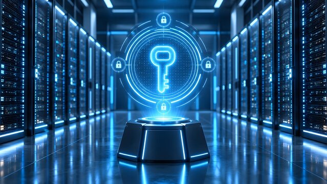Cybersecurity key hologram in server room representing data encryption and network access control