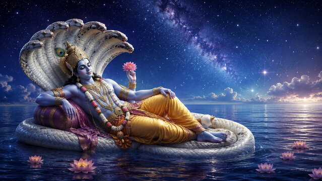 Lord Vishnu Resting on Adishesha in Celestial Ocean'