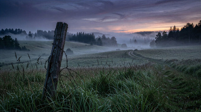 Misty rolling hills landscape with wooden fence at peaceful dawn
