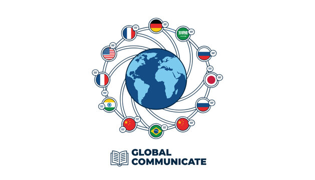 Global communication logo with world map surrounded by world flag icons, representing language learning and business.