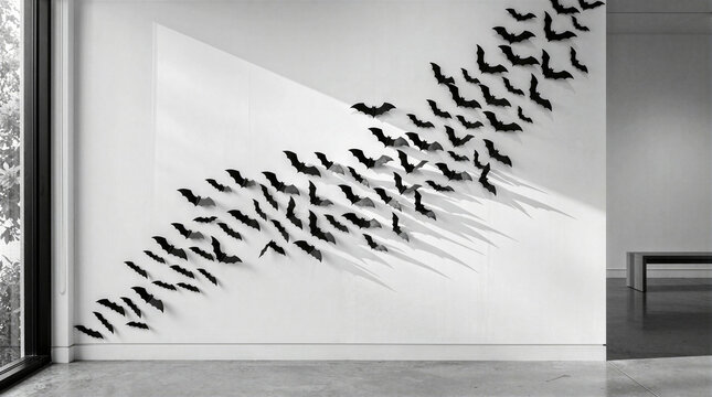 Black Bat Decals Flying On White Wall Modern Art Installation
