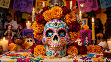 Fototapeta premium Day Of The Dead Sugar Skull Altar With Marigold Flowers