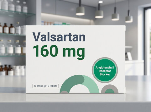 Generic Valsartan blood pressure medication on pharmacy counter