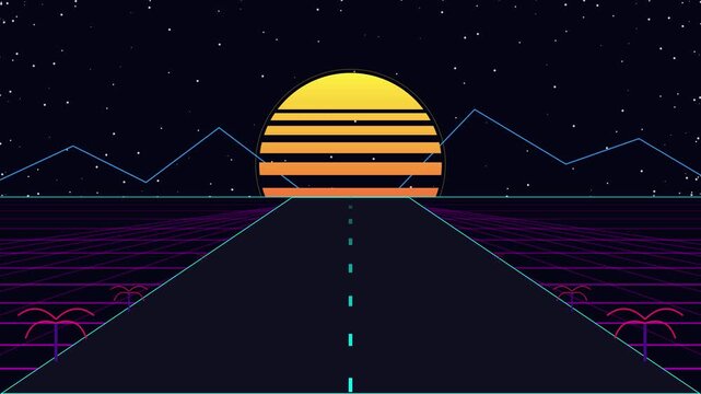 Retro synthwave 80s grid highway motion graphic background