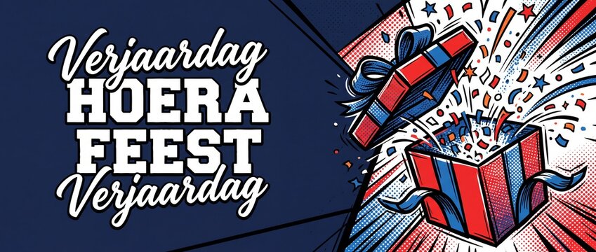 Birthday gift box pop art explosion illustration for Dutch party celebration banner with text verjaardag hoera feest verjaardag halftone comic background retro style party surprise card template desig