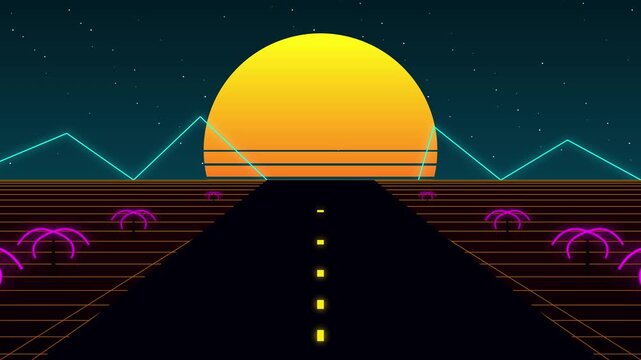 Retro synthwave 80s grid highway animation loop