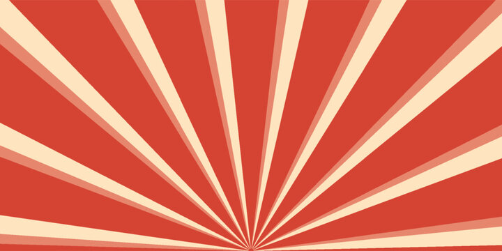 Latar belakang merah retro dengan sunburst sirkus vintage. Poster pusaran warna-warni psikedelik, pola abstrak dalam gaya karnaval tahun 70-an. Ilustrasi vektor sunburst hipnotis.