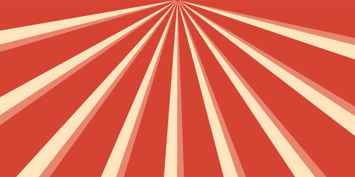 Latar belakang merah retro dengan sunburst sirkus vintage. Poster pusaran warna-warni psikedelik, pola abstrak dalam gaya karnaval tahun 70-an. Ilustrasi vektor sunburst hipnotis.
