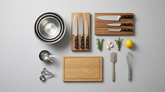 Set of kitchen tools including stainless steel bowls wooden cutting boards and professional chef knives. home chef starter pack