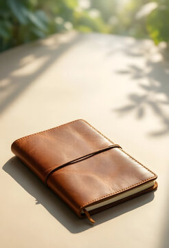Mindfulness and personal growth, leather journal for daily reflection and goal setting on a desk with soft morning sunlight and natural leaf shadows