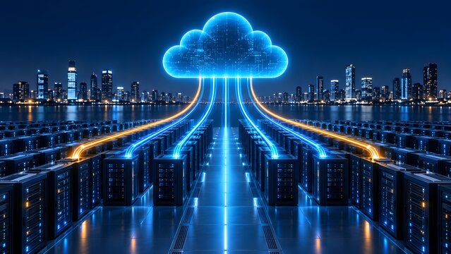 Cloud computing data center infrastructure with information streams connecting servers to virtual network over city skyline