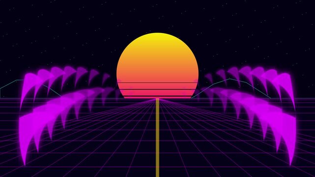 Retro synthwave sun and palm tree motion background 4K