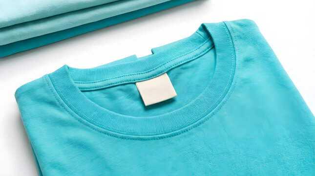 Close up of turquoise blue folded t-shirt collar.