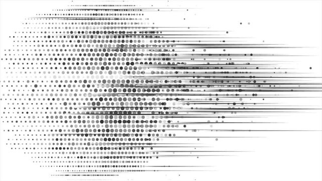 Black and white halftone circle with horizontal lines abstract background. Monochrome dots vary in size, forming optical depth motion design. Seamless loop. Video animation Ultra HD 4K 3840x2160