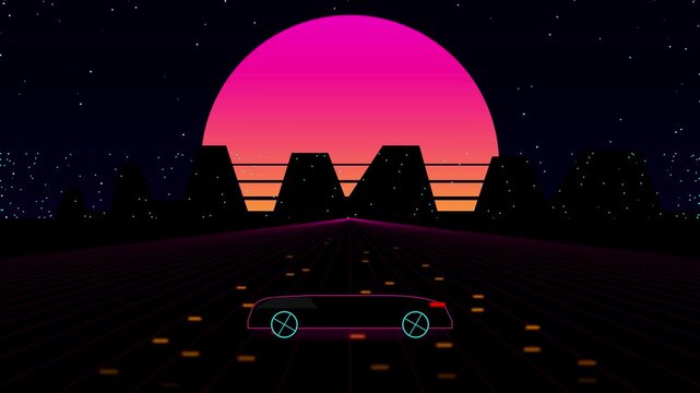 Retro synthwave animation of car driving towards giant neon sun