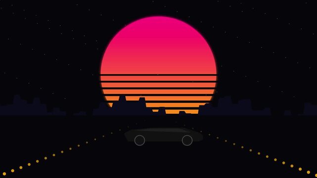 Retro synthwave animation driving towards a giant sun in 4K
