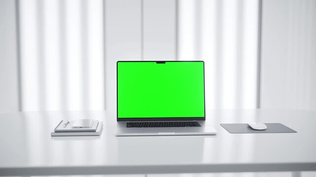 Laptop green screen mockup in a minimalist future lab workspace - camera orbit rotation