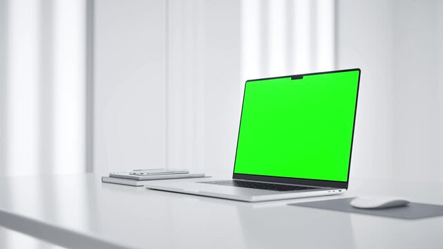 Laptop green screen mockup in a minimalist future lab workspace - right perspective view zoom in