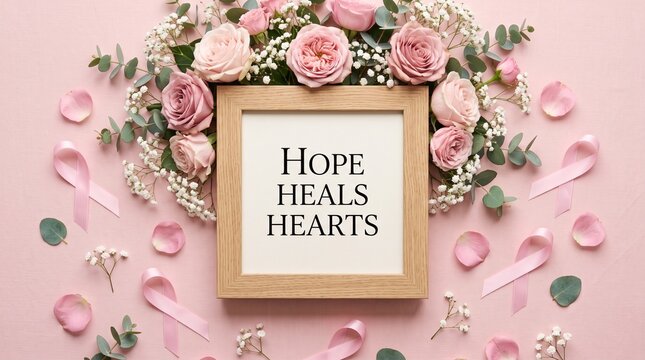 Breast cancer awareness frame with Hope Heals Hearts text. Pink ribbon and rose floral arrangement. Health support concept.