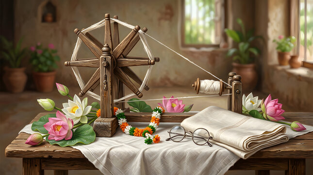 Wooden spinning wheel charkha with glasses and white cloth.