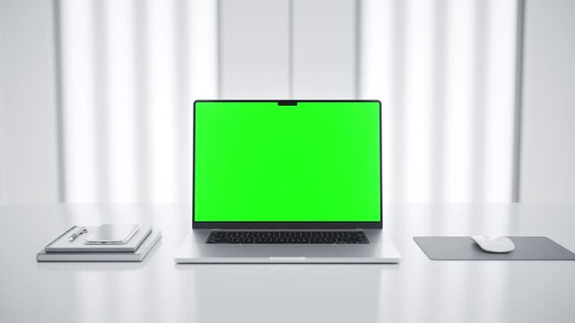 Laptop green screen mockup in a minimalist future lab workspace - front view zoom in screen