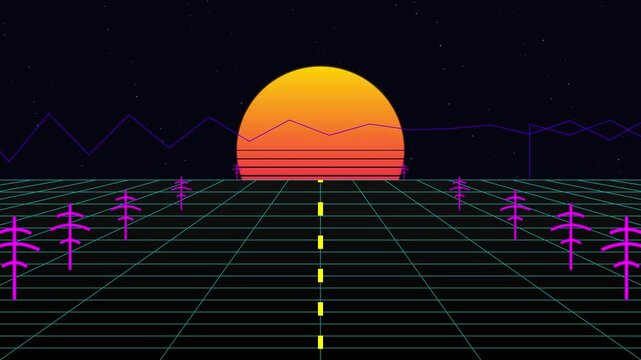 Retro synthwave landscape animation loop with giant sun and grid