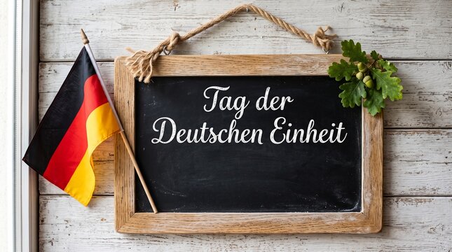 German Unity Day chalkboard with national flag. Tag der Deutschen Einheit greeting on slate board. Rustic wood background for national holiday.