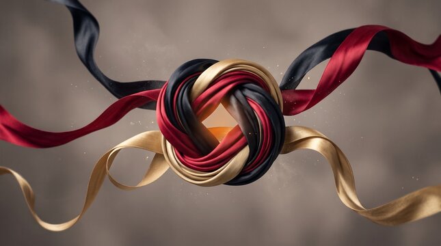 Elegant silk ribbons tied in a complex knot, flowing satin fabric in black red and gold, luxury textile background for celebration