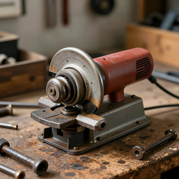 Industrial manufacturing and metalworking, precision engineering tool for grinding and sharpening on a workbench in a workshop environment