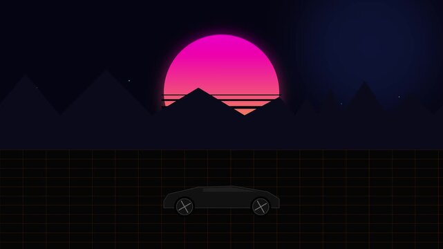 Retro synthwave car animation with glowing neon sun