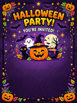 Halloween party with typical colorful decoration, children dancing and enjoying party, flat design, vibrant palette