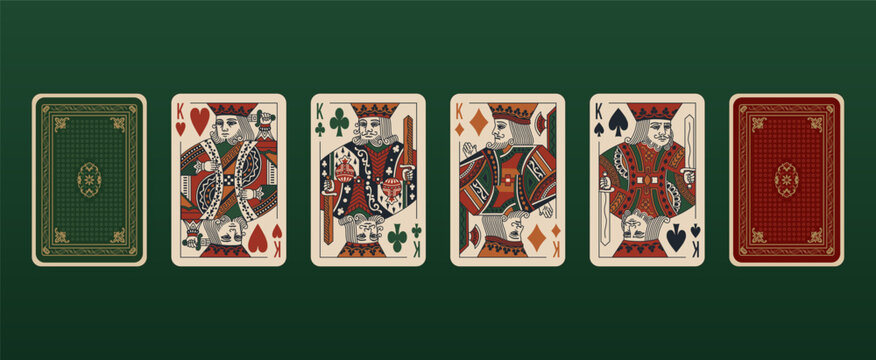 Four Kings, suits of Hearts, Spades, Clubs, Diamonds. Face and back side. Playing Poker cards set. Classic design. Printable vector gambling cards isolated on background. Cozy color palette,