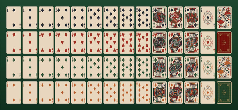 King, Queen, Jack, Joker characters and 4 suits spades, hearts, diamonds, clubs.  Classic playing printable vector cards for gambling - poker, bridge. Deck of 52 cards. Cozy color palette.