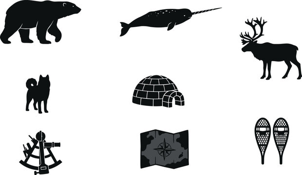 Arctic Wildlife and Winter Expedition Silhouette Icon Set with Polar Bear Narwhal Caribou Igloo and Navigation Map Designs