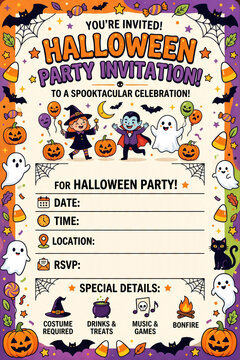 Halloween party with typical colorful decoration, children dancing and enjoying party, flat design, vibrant palette