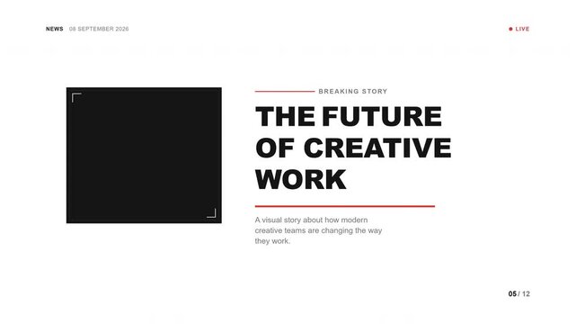 Modern editorial newsroom title animation featuring modular headline assembly, image blocks, news labels, dynamic typography, red accent elements and clean broadcast-inspired layout for documentary, j