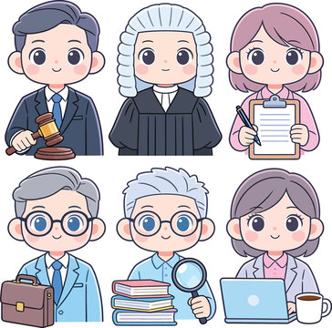 Chibi legal and business professional character set for law icons.