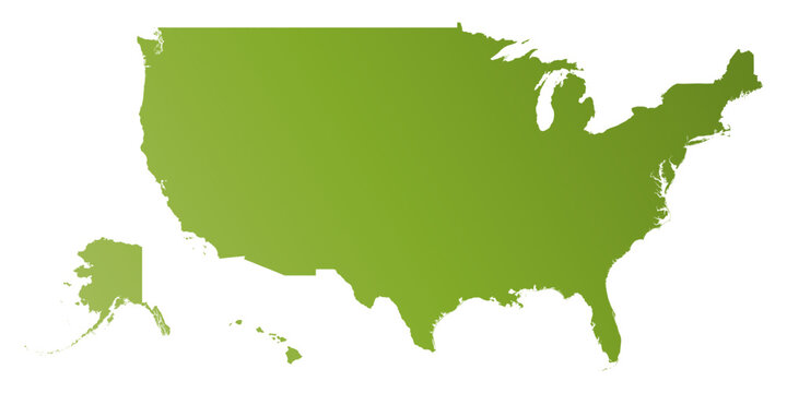 The shape outlines the United States, including the states of Alaska and Hawaii. This green graphic representation shows the country borders and major features.
