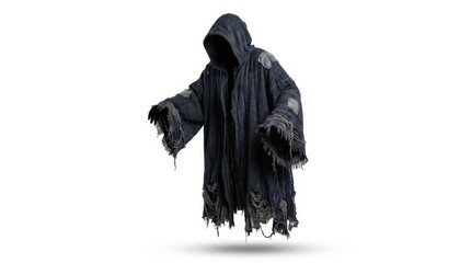 Fototapeta premium Mysterious dark hooded robe with tattered edges and worn fabric patches, supernatural costume isolated on white background for Halloween and fantasy