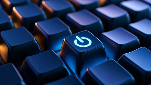 A close-up of a keyboard highlighting the power button with blue light