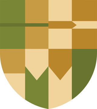 Minimalist geometric heraldic shield design with abstract earth tones and structured pattern blocks