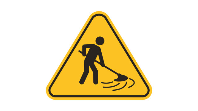 Yellow triangular caution sign featuring a person cleaning or sweeping a floor cleaning sweeping triangle maintenance illustration pictogram