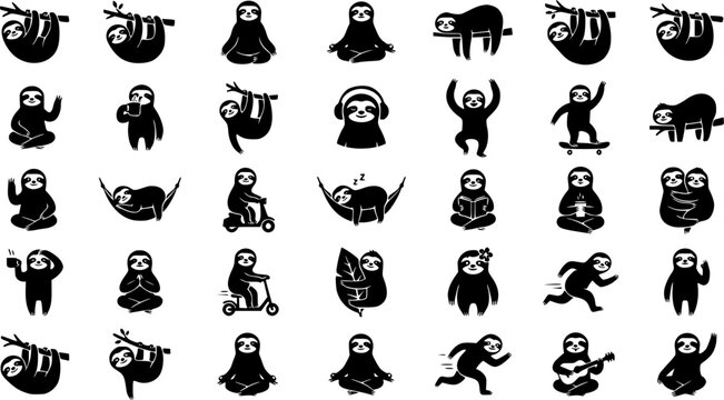 Sloth Character Icon Set &ndash; Silhouette Style. Covers slow sloth animal, tree-dwelling mammal, rainforest sloth & more. Solid black glyph, transparent background.